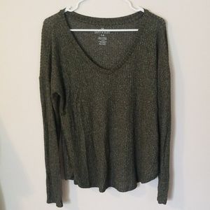 Green Ribbed Long Sleeve V-Neck